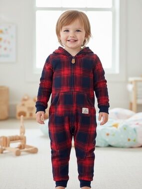 Carter’s Baby 1-Piece Buffalo Check Hooded Jumpsuit w Teddy Bear Ears 24 Months